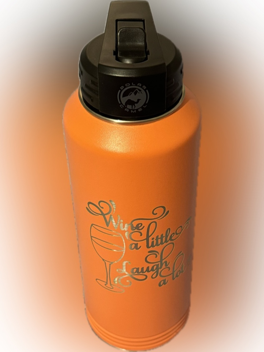 Orange Water Bottle With Laser Engraved Script Saying - Picture 3 of 5